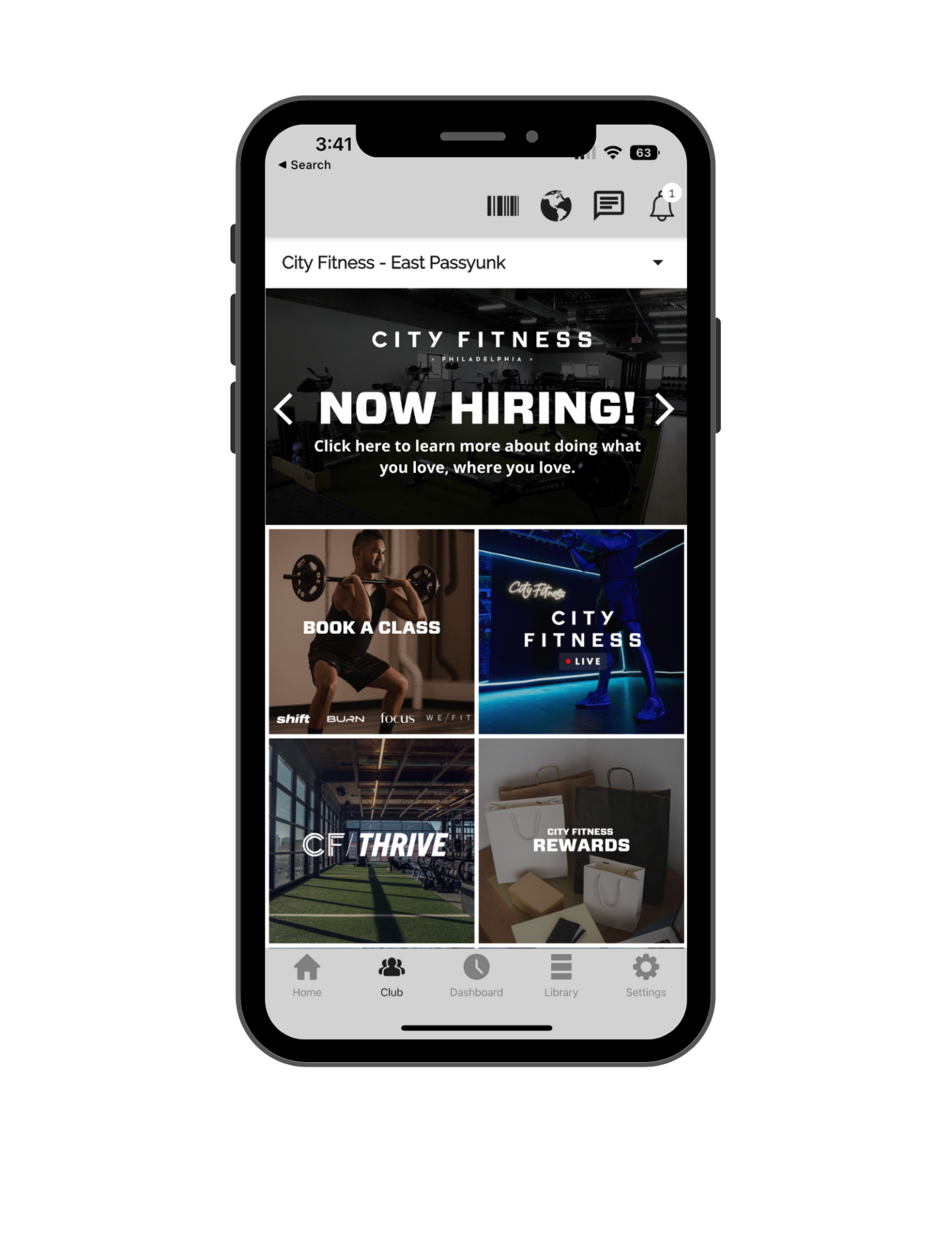 City Fitness Mobile App iPhone with the City Fitness app open, with options for booking classes, earning rewards, information on various fitness offerings.