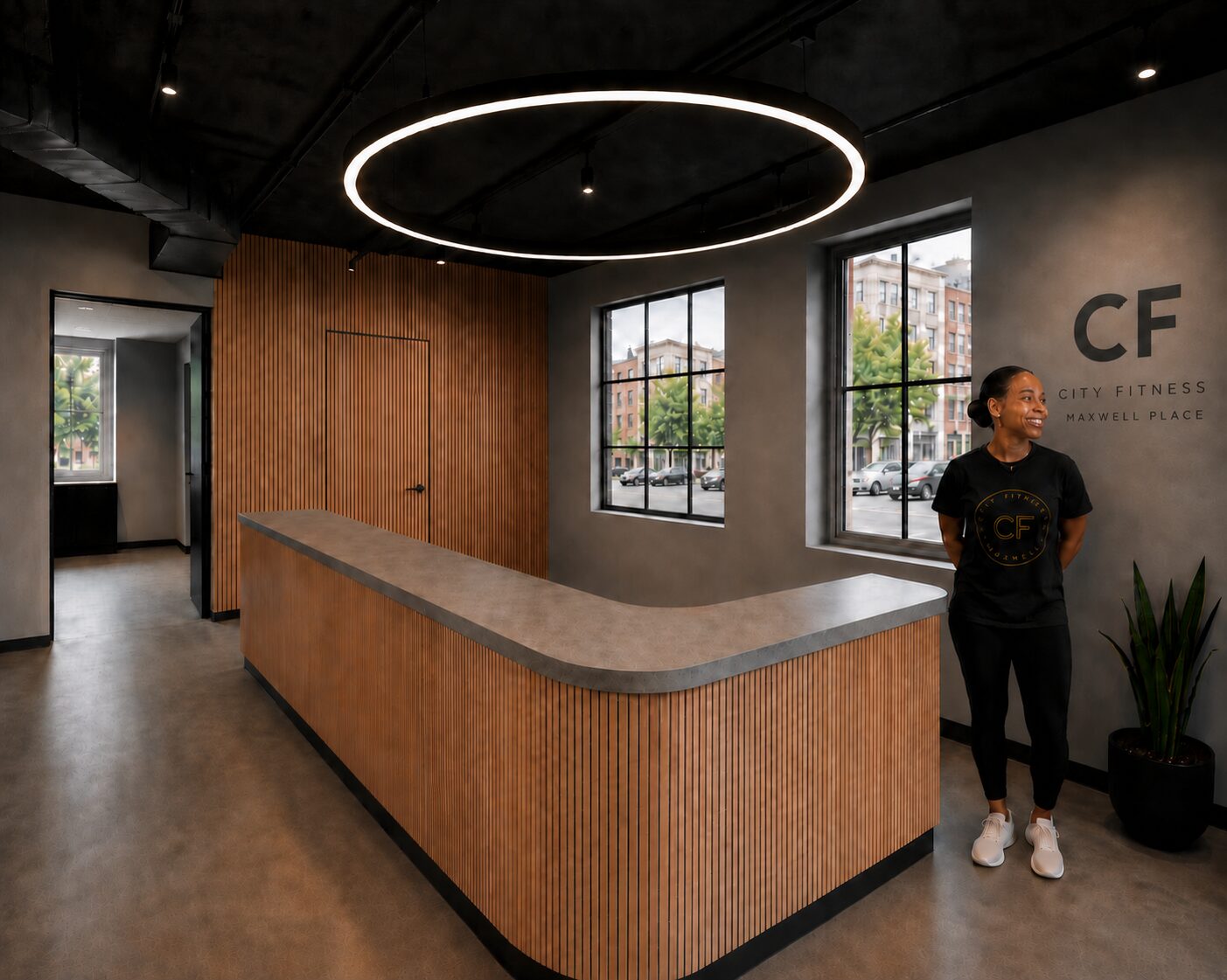 Maxwell Place front desk rendering - City Fitness Hoboken
