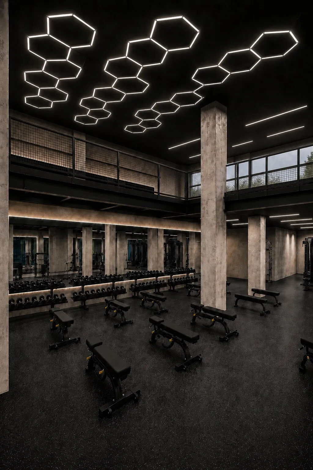 Rendering of the dumbbell area at City Fitness Maxwell Place in Hoboken, under hexagon ceiling lights